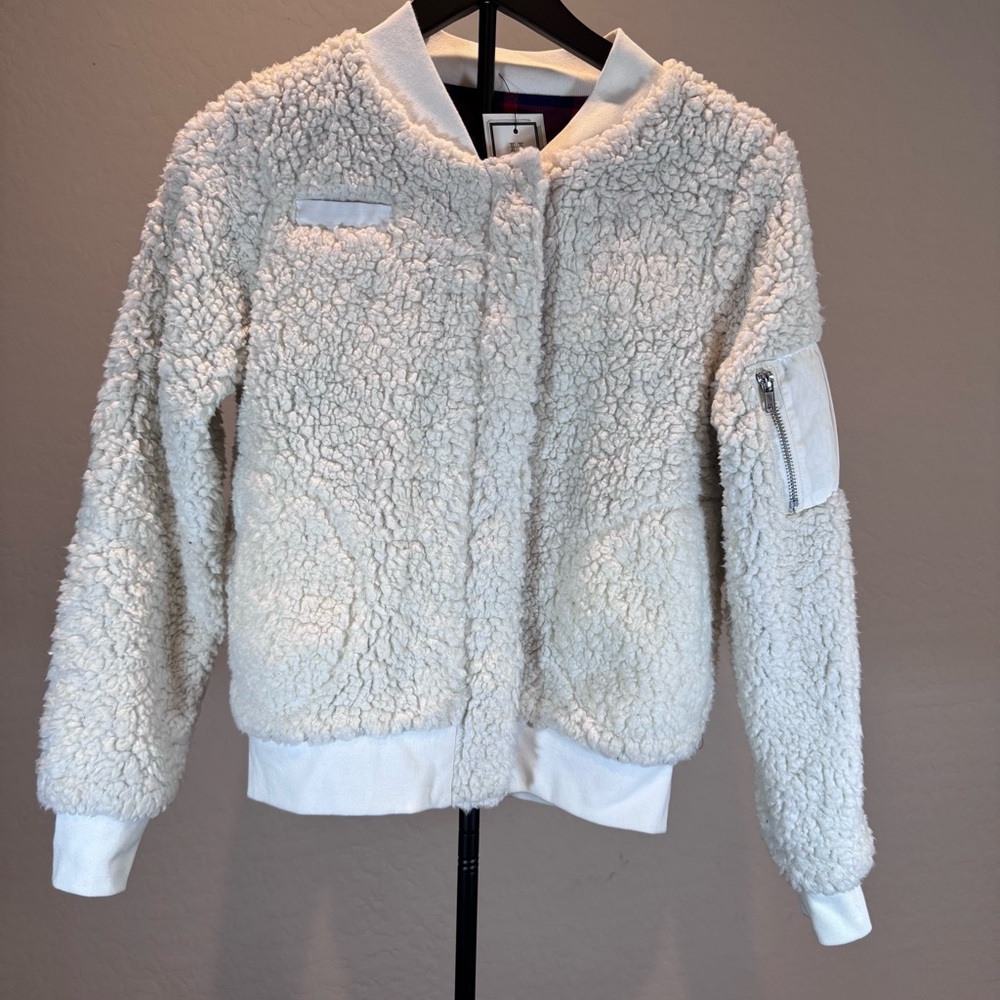 Reversible Sherpa/Plaid Bomber Jacket - Red/Blue/White and Sherpa. Size- XS‎